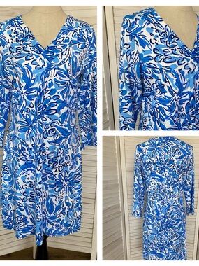 Barbara Gerwit by Tabitha Blue/White Floral V-Neck Midi Dress SZ L